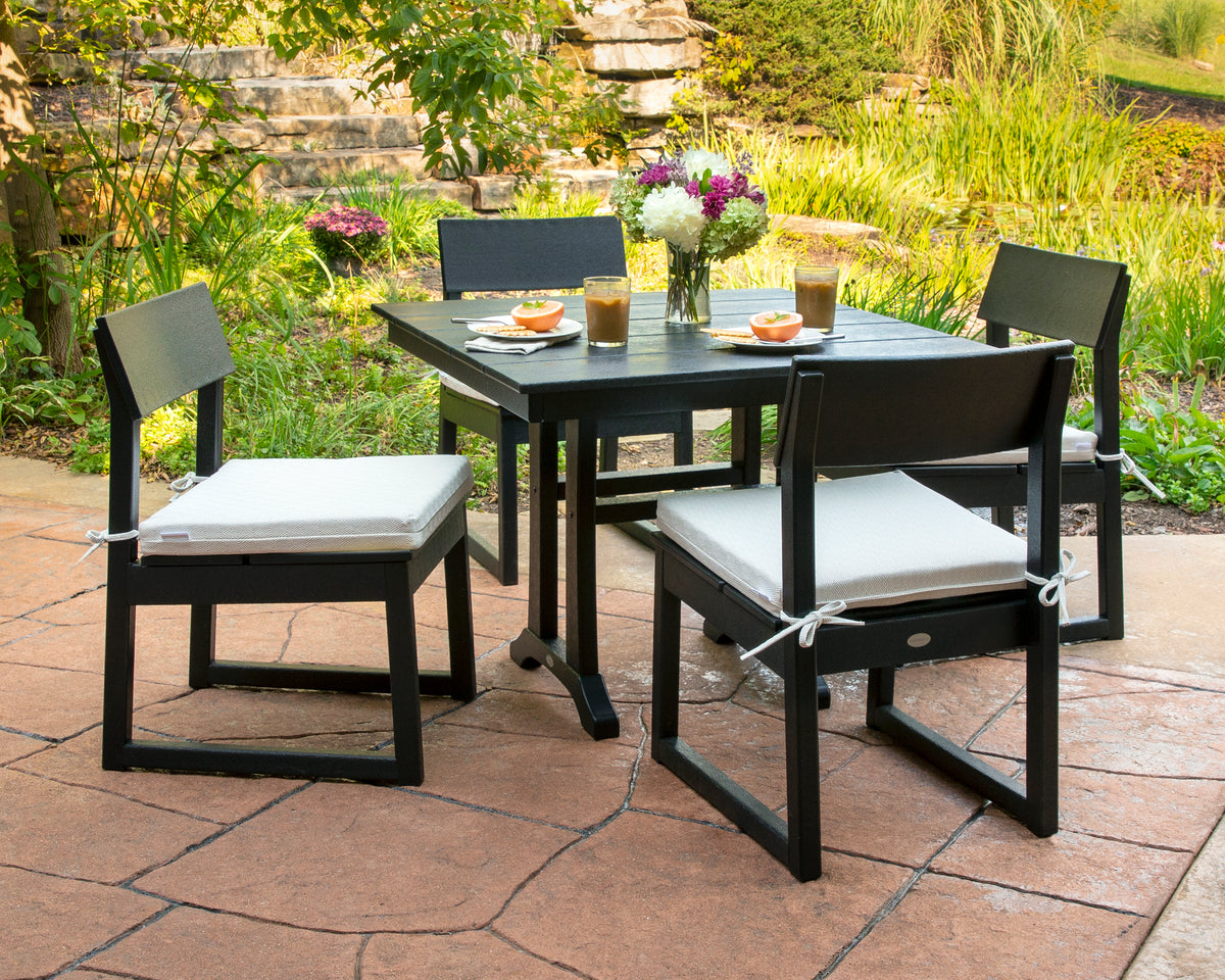 POLYWOOD EDGE 5-Piece Farmhouse Trestle Side Chair Dining Set in Black in an outdoor setting