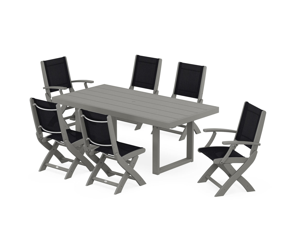 POLYWOOD Coastal Folding Chair 7-Piece Dining Set with Trestle Legs with EDGE 40" x 78" Dining Table in Slate Grey / Black