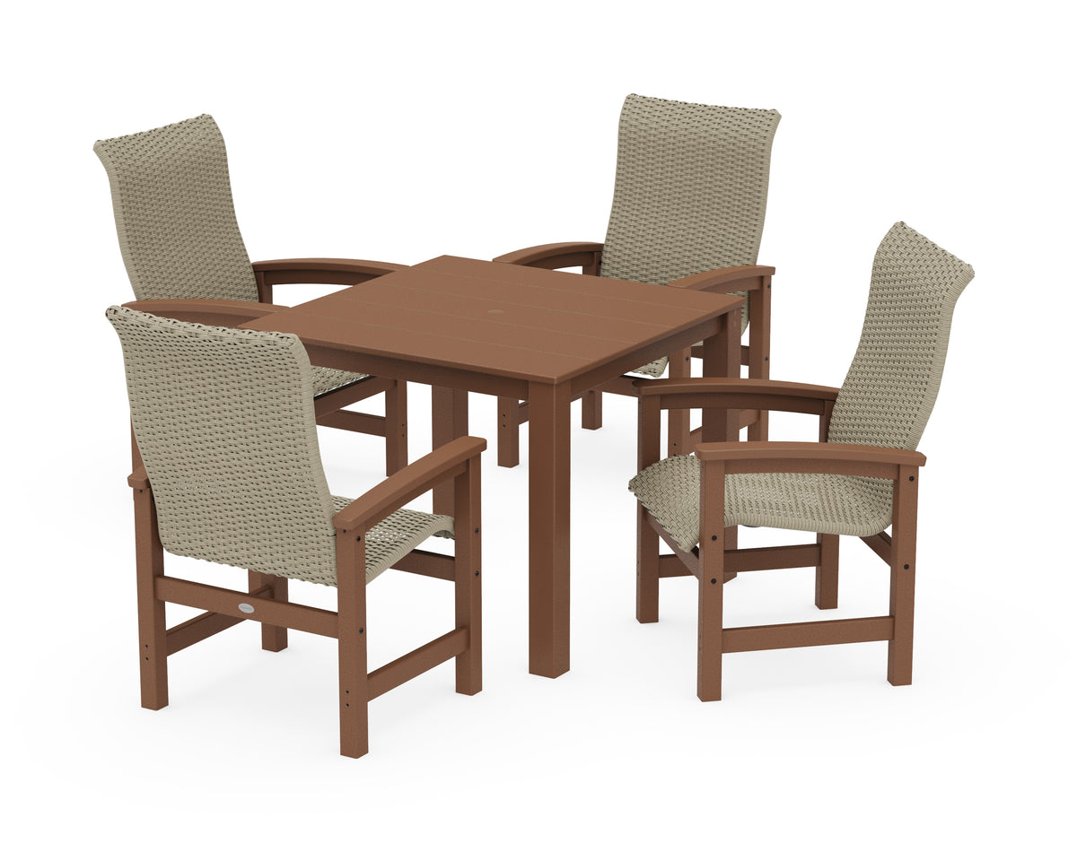 POLYWOOD Coastal Woven High-Back 5-Piece Parsons Dining Set in Teak / Dune Grass