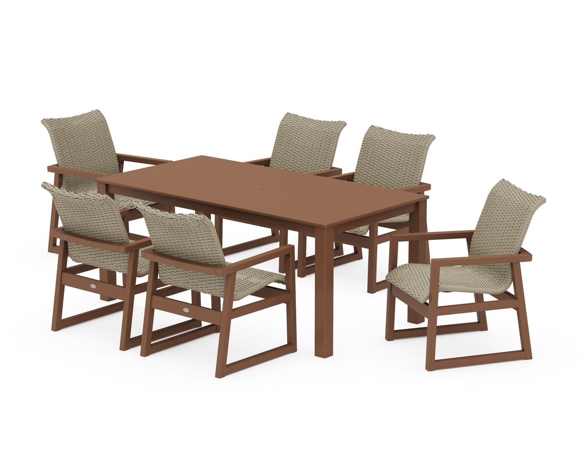POLYWOOD EDGE Woven Arm Chair 7-Piece Parsons Dining Set in Teak / Dune Grass