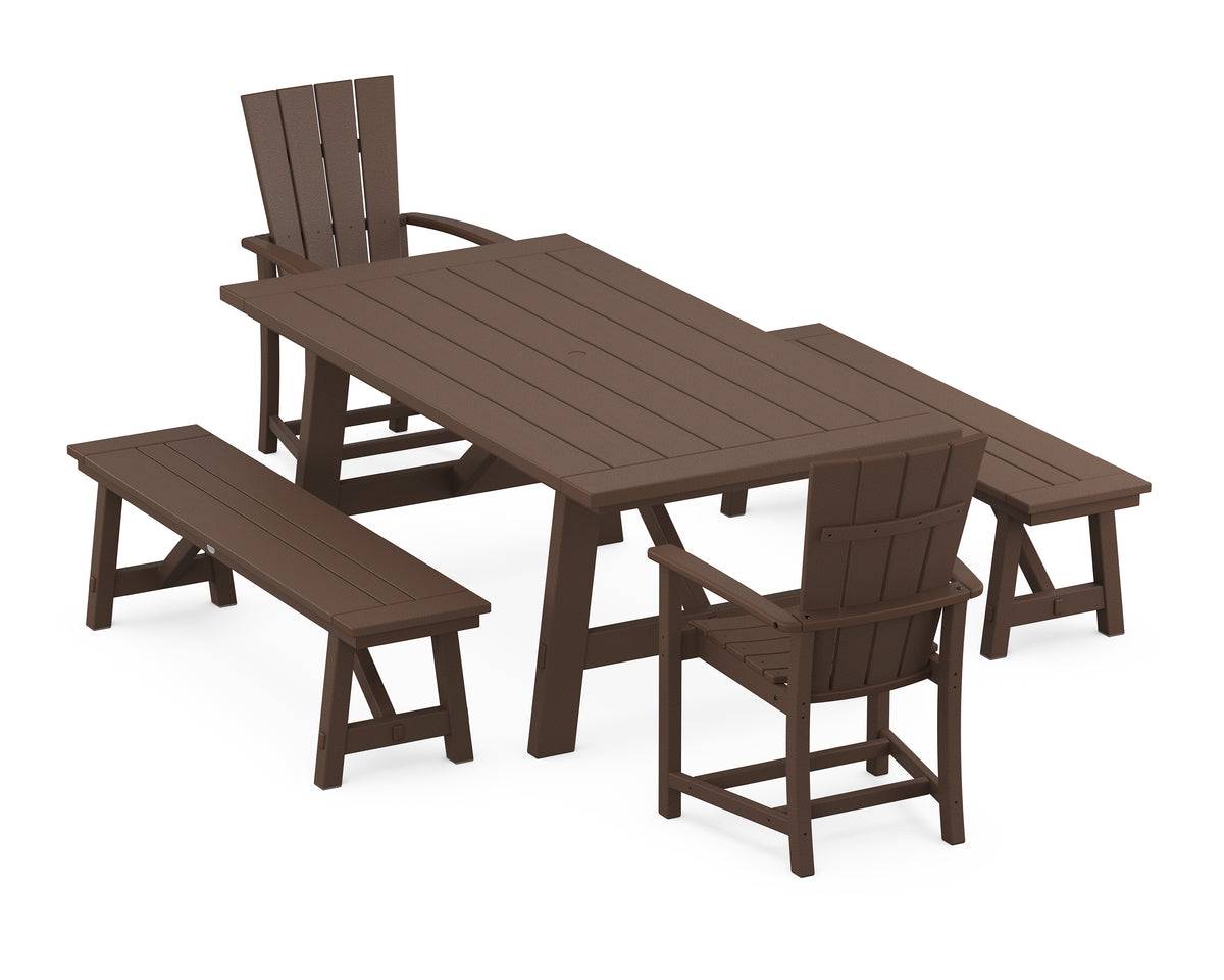 POLYWOOD Quattro 5-Piece Rustic Farmhouse Dining Set with Benches in Mahogany