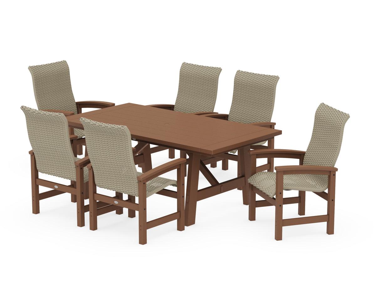 POLYWOOD Coastal Woven High-Back Arm Chair 7-Piece Rustic Farmhouse Dining Set in Teak / Dune Grass