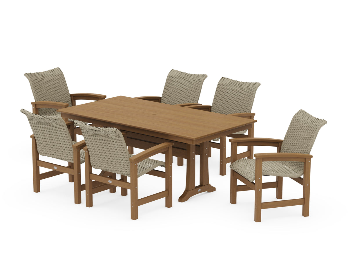 POLYWOOD Coastal Woven Arm Chair 7-Piece Farmhouse Dining Set with Trestle Legs in Natural / Dune Grass