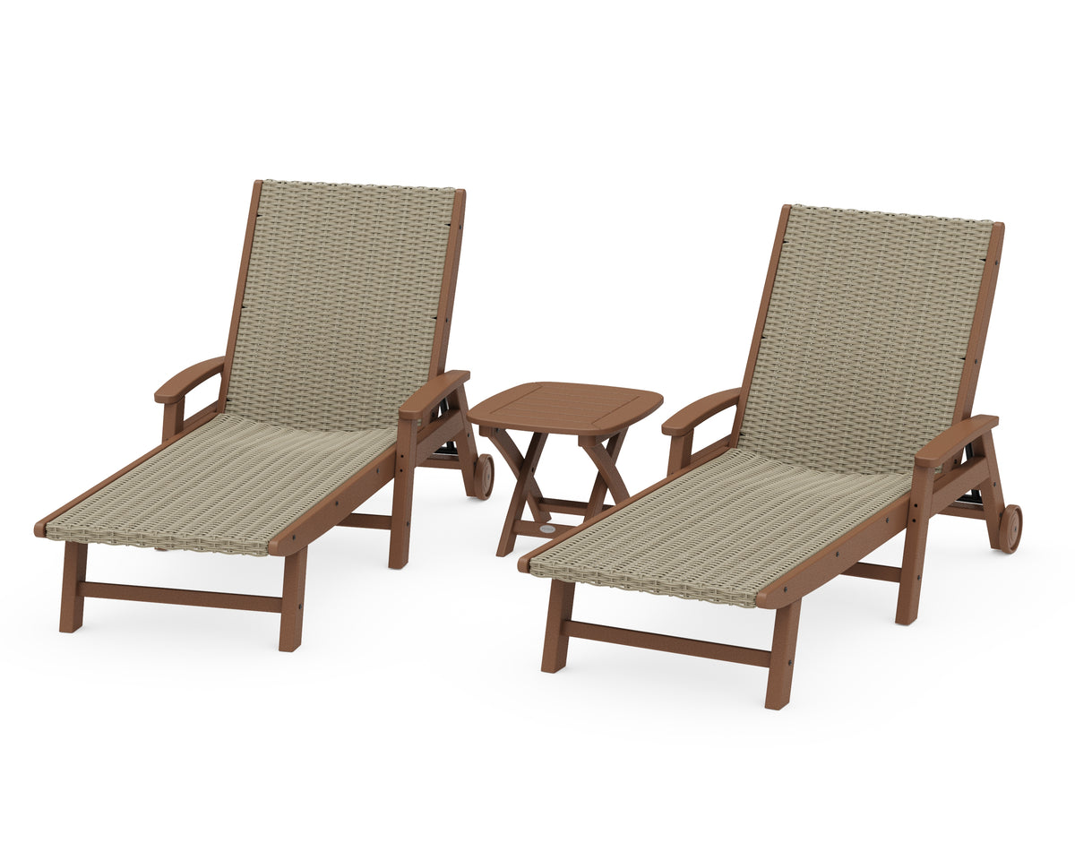 POLYWOOD 3-Piece Coastal Woven Chaise with Arms and Wheels Lounge Set in Teak / Dune Grass