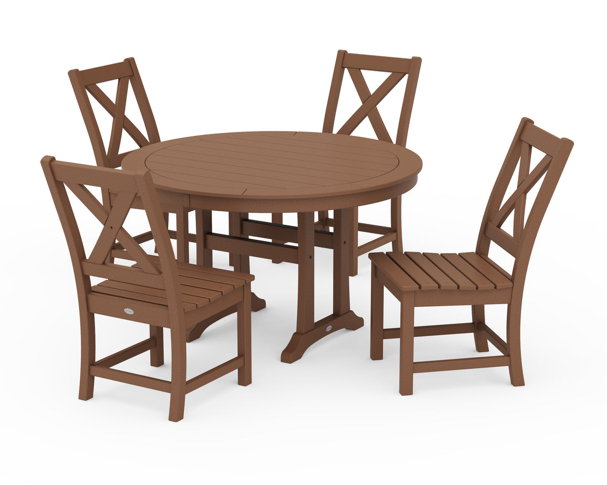POLYWOOD Braxton Side Chair 5-Piece Round Dining Set with Trestle Legs in Teak