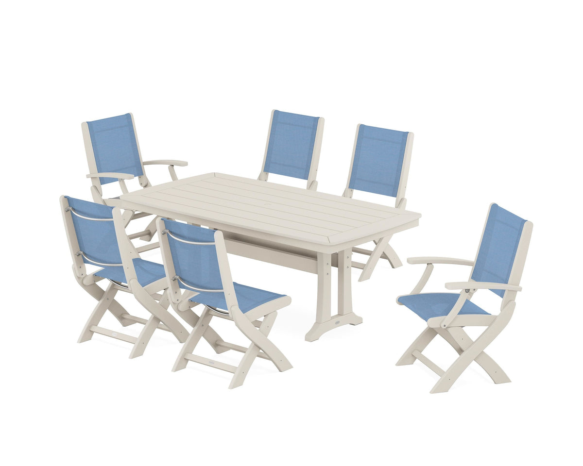 POLYWOOD Coastal Folding Chair 7-Piece Dining Set with Trestle Legs with Nautical Trestle 38" x 73" Dining Table in Sand / Poolside