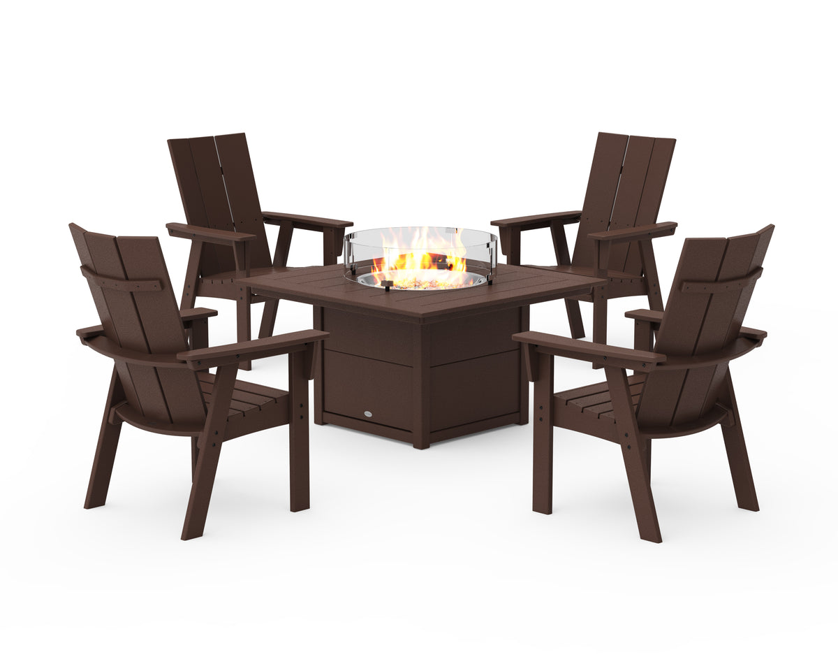 POLYWOOD Modern 4-Piece Curveback Upright Adirondack Conversation Set with Fire Pit Table in Mahogany