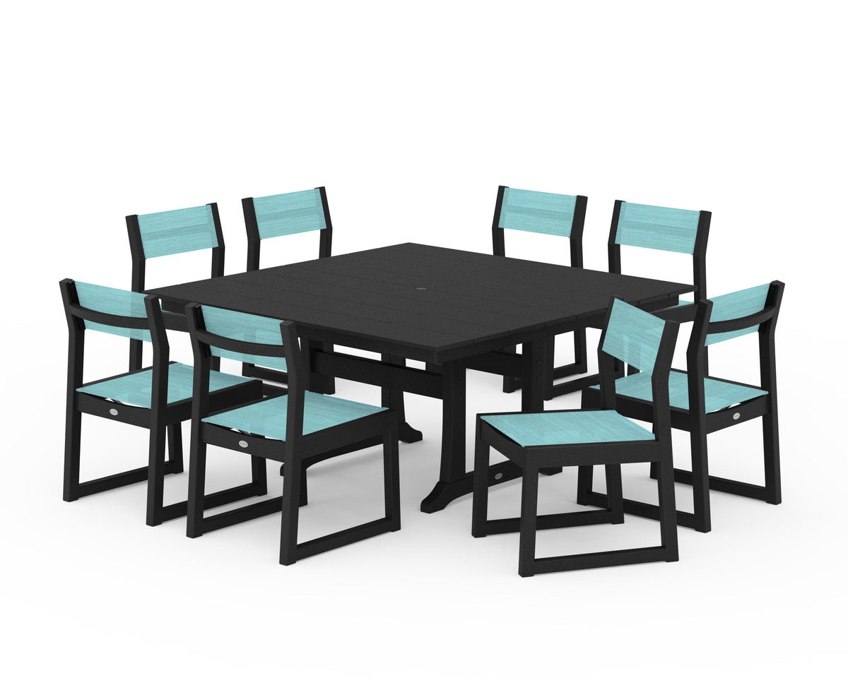 POLYWOOD EDGE Sling Side Chair 9-Piece Farmhouse Trestle Dining Set in Black / Dupioni Aquamarine