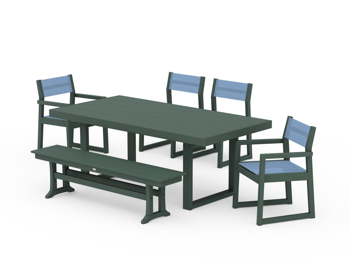 POLYWOOD EDGE Sling 6-Piece Dining Set with Bench in Green / Poolside