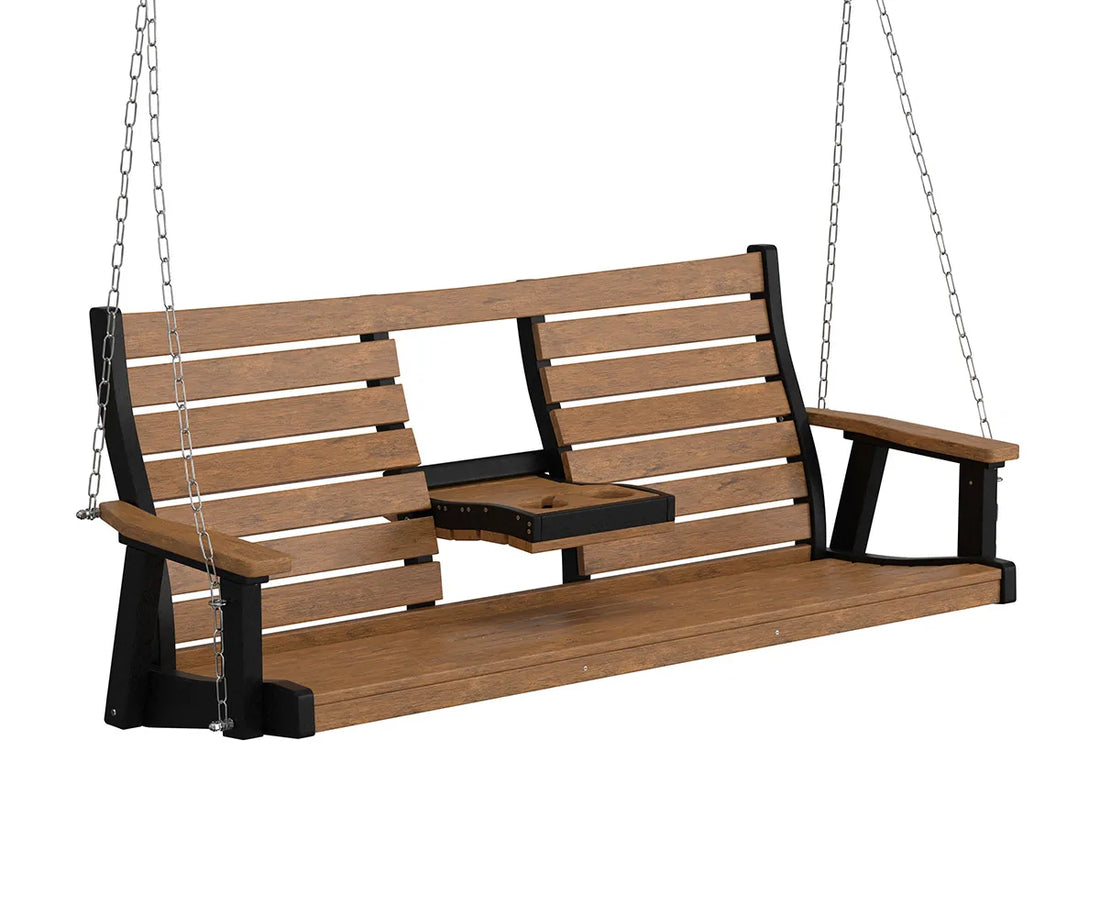 Berlin Gardens Bristol 3 Seat Swing, cedar slats with a black frame and center console, hanging from chains