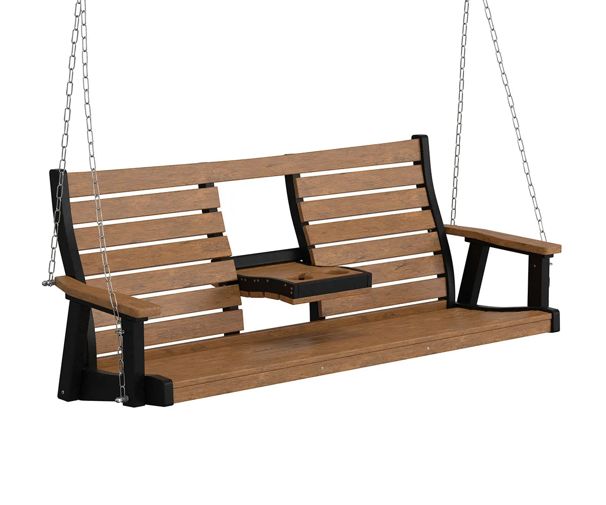 Berlin Gardens Bristol 3 Seat Swing, cedar slats with a black frame and center console, hanging from chains