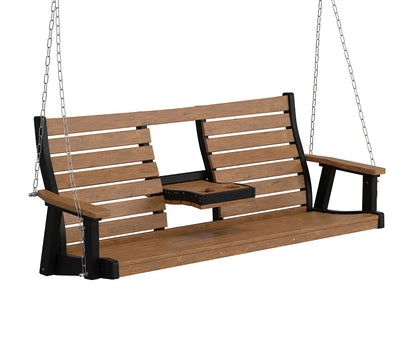 Berlin Gardens Bristol 3 Seat Swing, cedar slats with a black frame and center console, hanging from chains