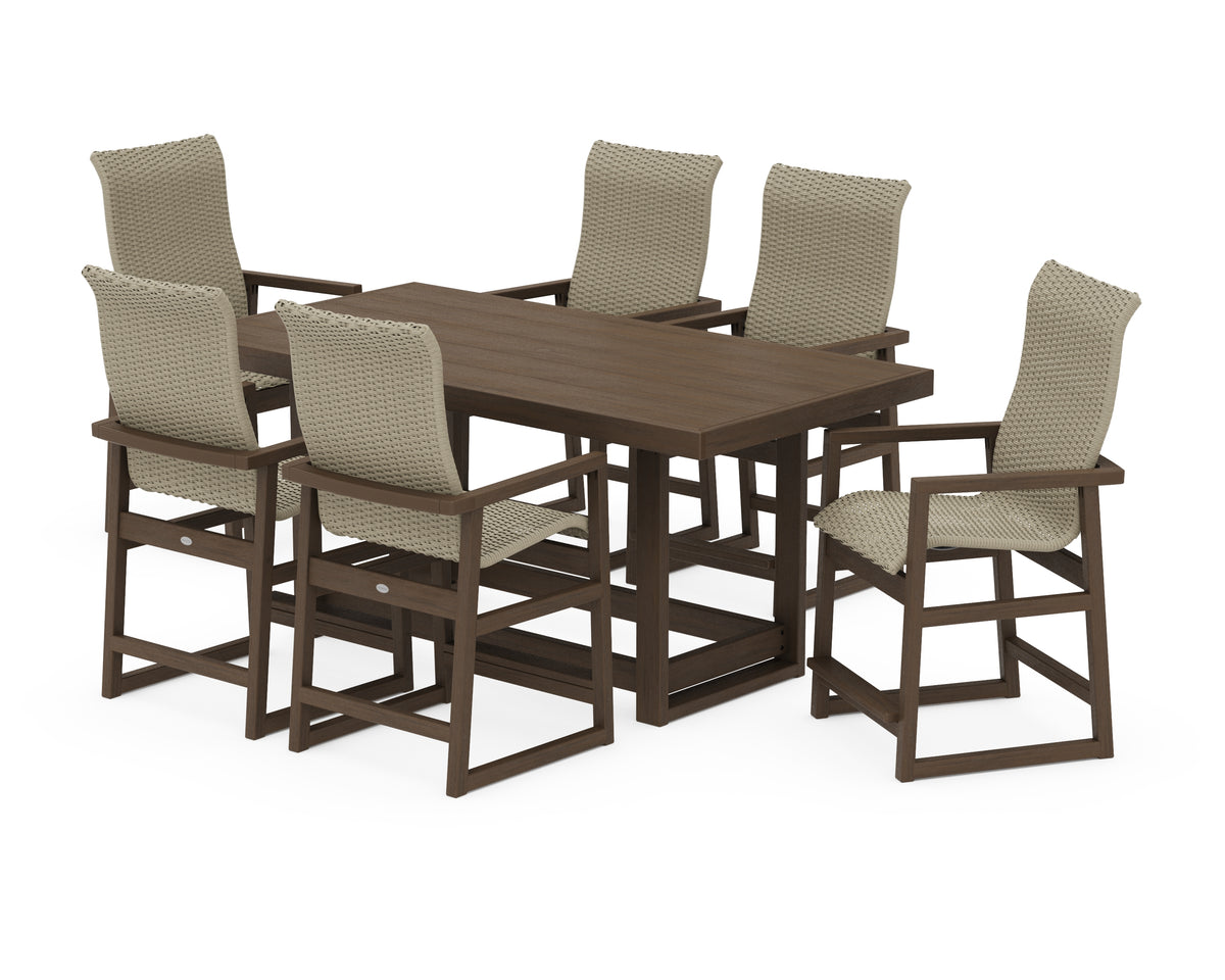 POLYWOOD EDGE Woven Highback Arm Chair 7-Piece Counter Set in Kona / Dune Grass
