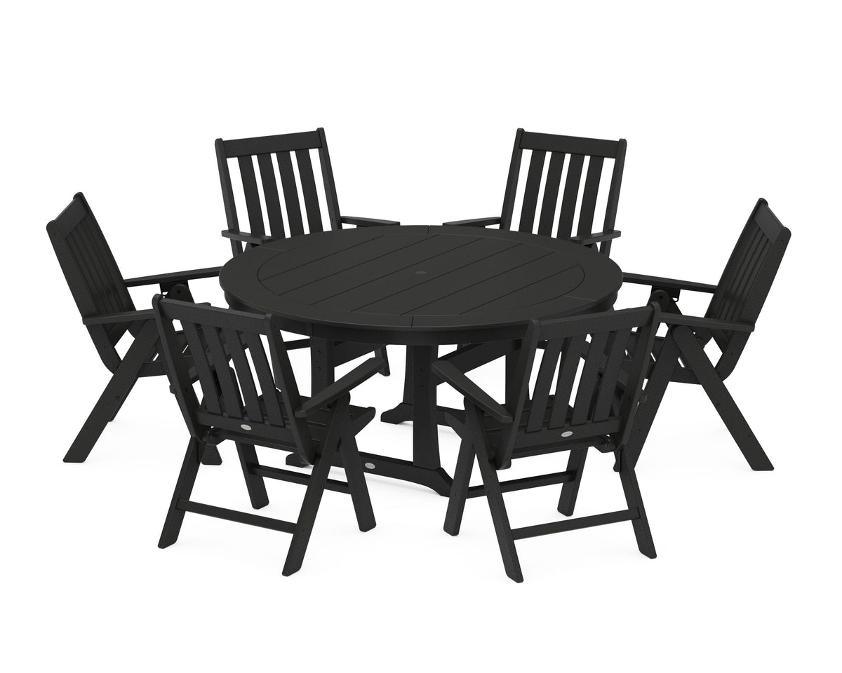 POLYWOOD Vineyard Folding 7-Piece Side Chair Round Dining Set in Black
