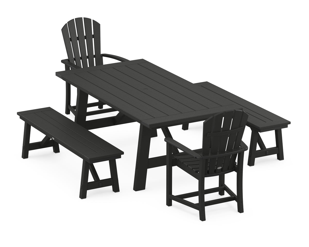 POLYWOOD Palm Coast 5-Piece Rustic Farmhouse Dining Set with Benches in Black