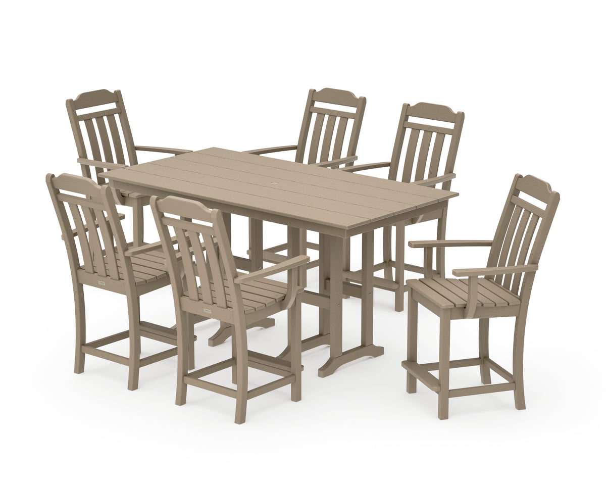 POLYWOOD Country Living Cottage Arm Chair 7-Piece Farmhouse Counter Set in Vintage Sahara