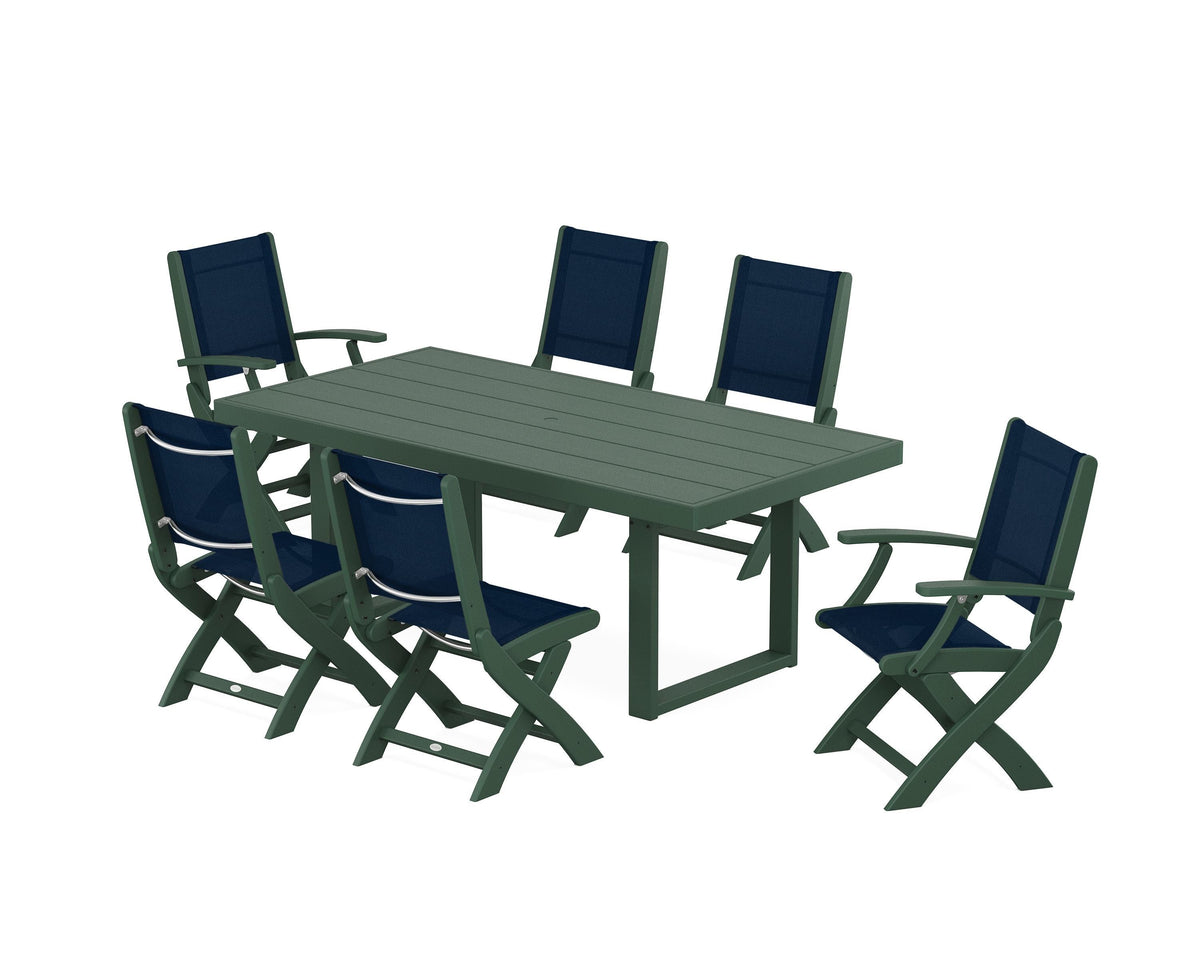 POLYWOOD Coastal Folding Chair 7-Piece Dining Set with Trestle Legs with EDGE 40" x 78" Dining Table in Green / Navy Blue