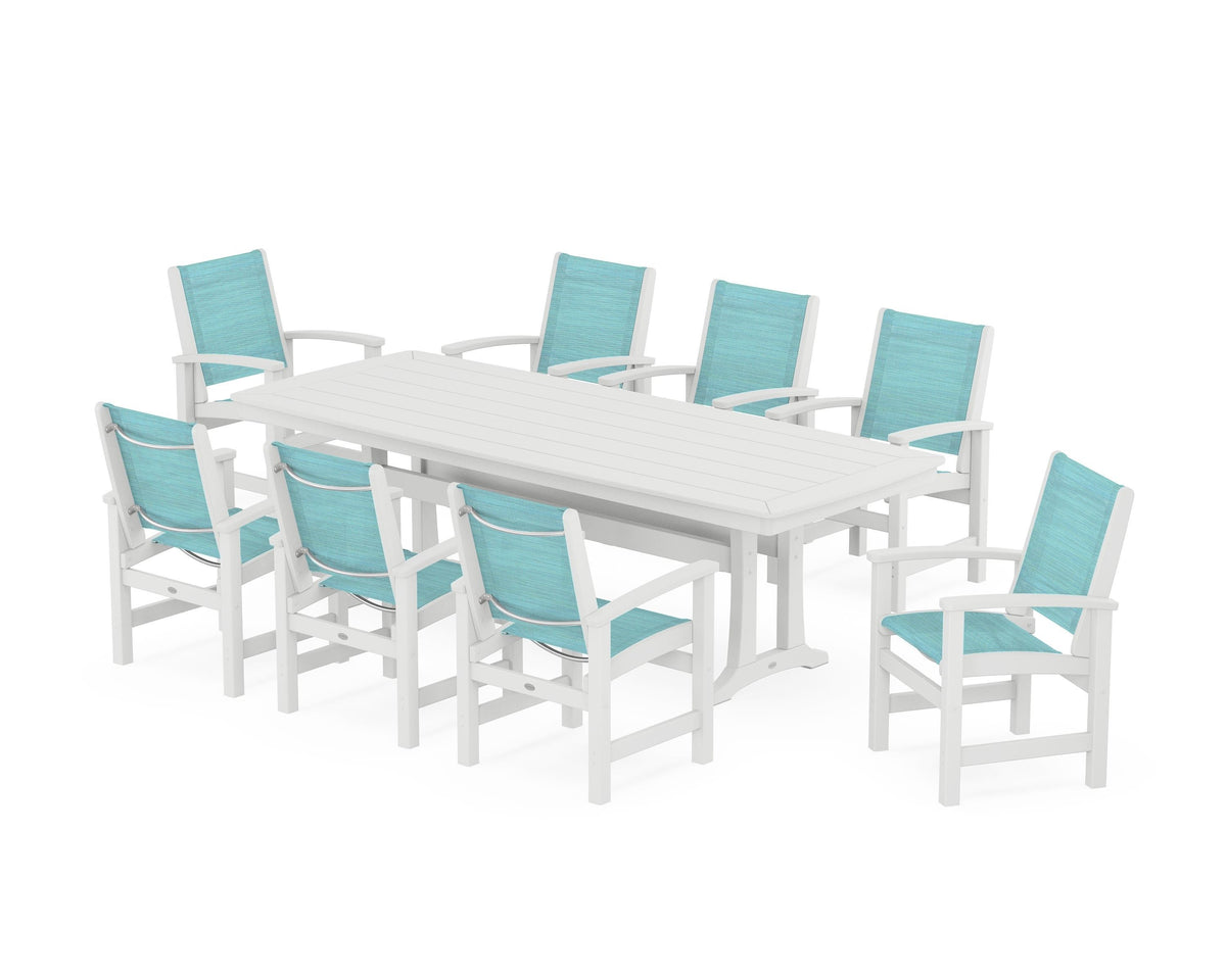 POLYWOOD Coastal 9-Piece Dining Set with Trestle Legs in White / Dupioni Aquamarine