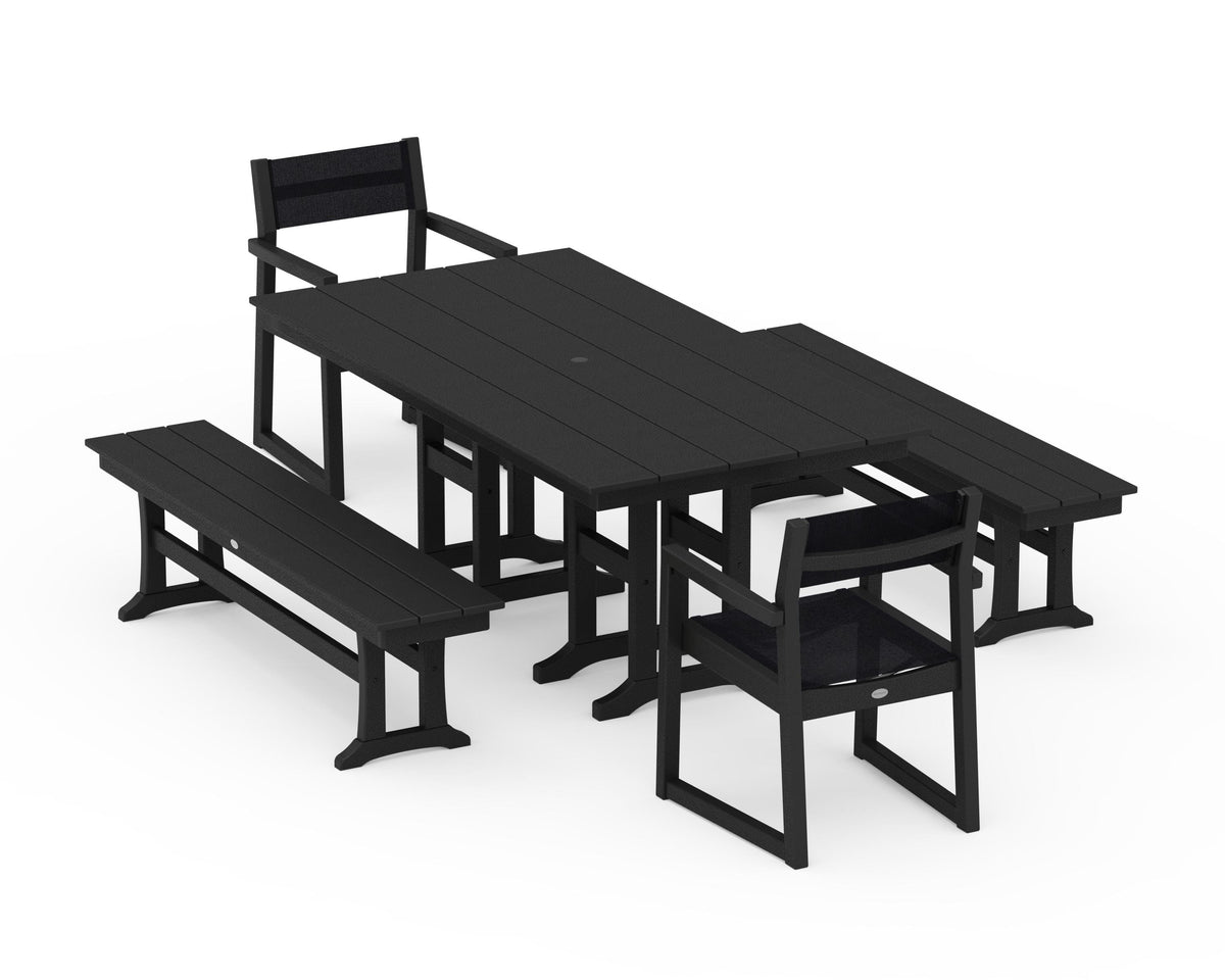 POLYWOOD EDGE Sling Arm Chair 5-Piece Farmhouse Dining Set with Benches in Black / Black