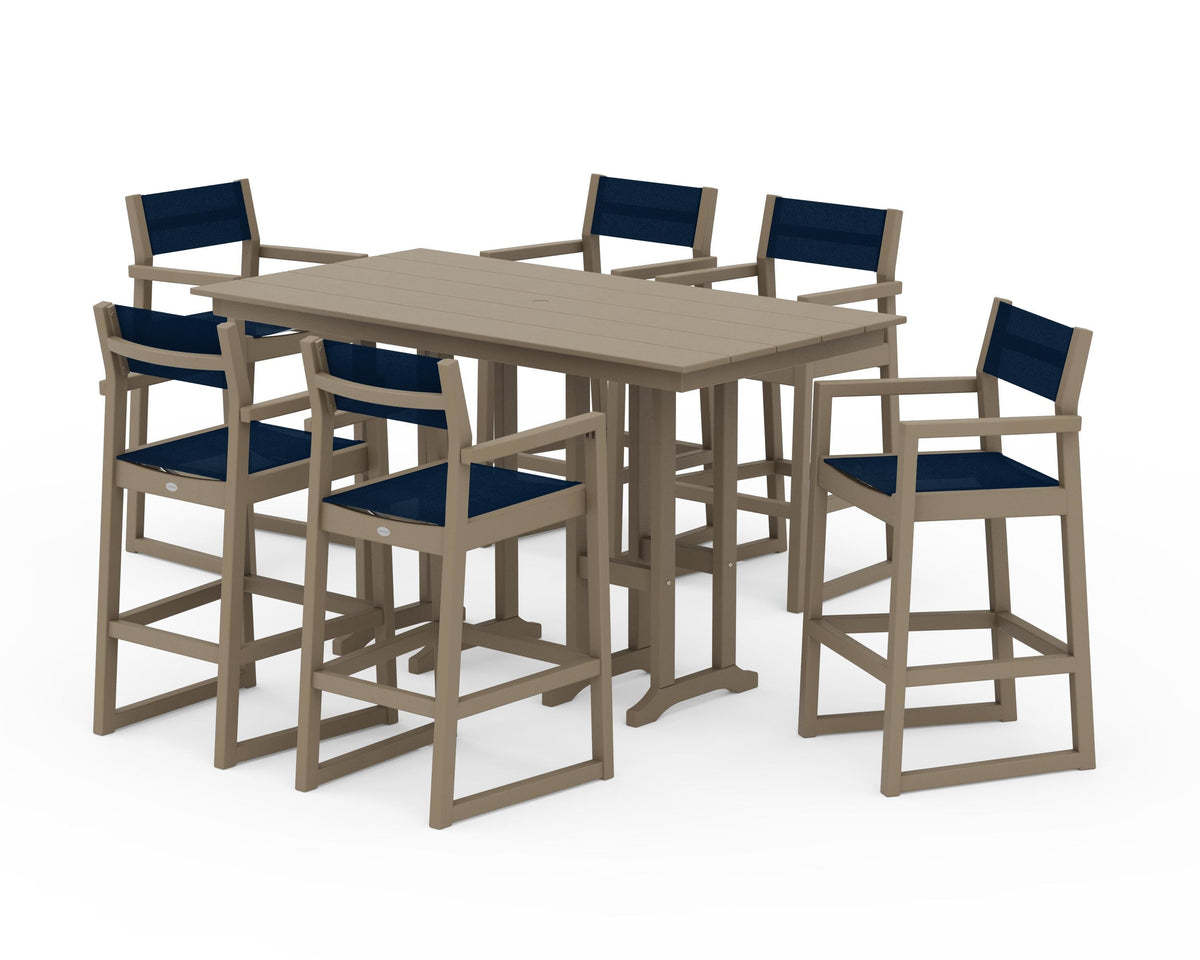 POLYWOOD EDGE Sling Arm Chair 7-Piece Farmhouse Bar Set in Vintage Sahara / Navy Blue