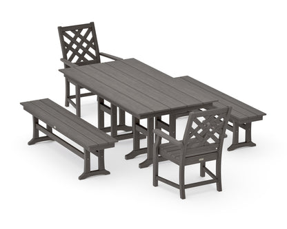 POLYWOOD Wovendale 5-Piece Farmhouse Dining Set with Benches in Driftwood