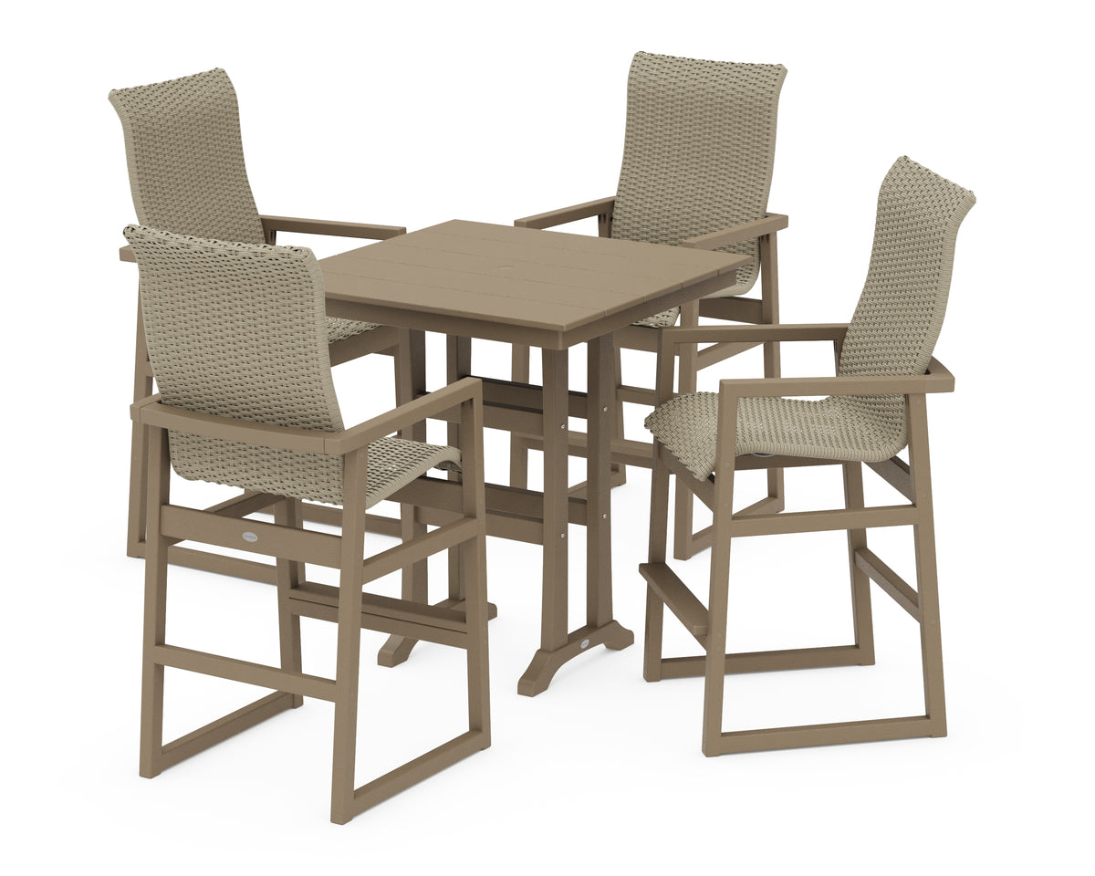 POLYWOOD EDGE Woven Highback 5-Piece Farmhouse Bar Set with Trestle Legs in Vintage Sahara / Dune Grass