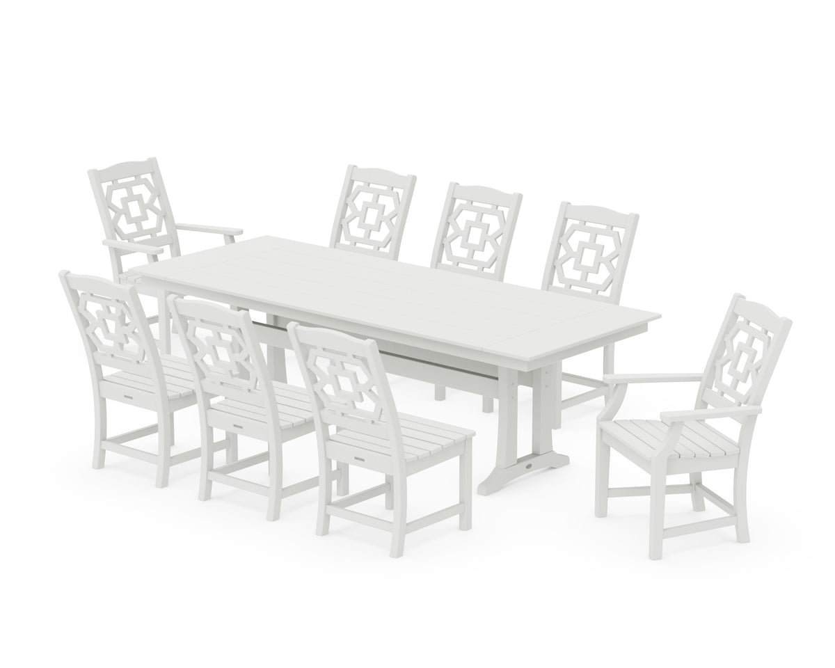 POLYWOOD Chinoiserie 9-Piece Farmhouse Dining Set with Trestle Legs in Vintage White