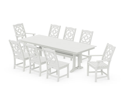 POLYWOOD Chinoiserie 9-Piece Farmhouse Dining Set with Trestle Legs in Vintage White