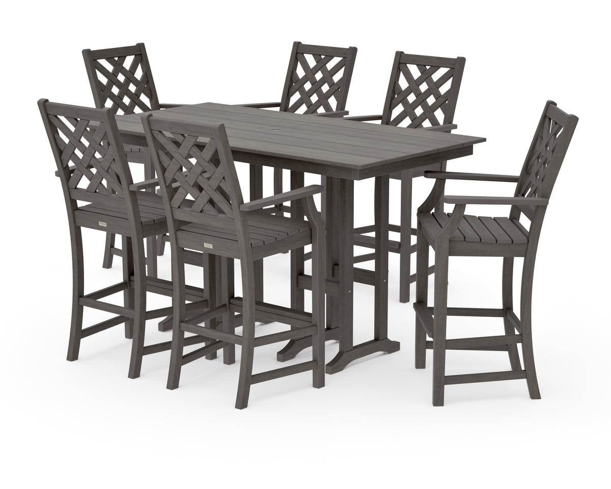 POLYWOOD Country Living Wovendale Arm Chair 7-Piece Farmhouse Bar Set in Driftwood