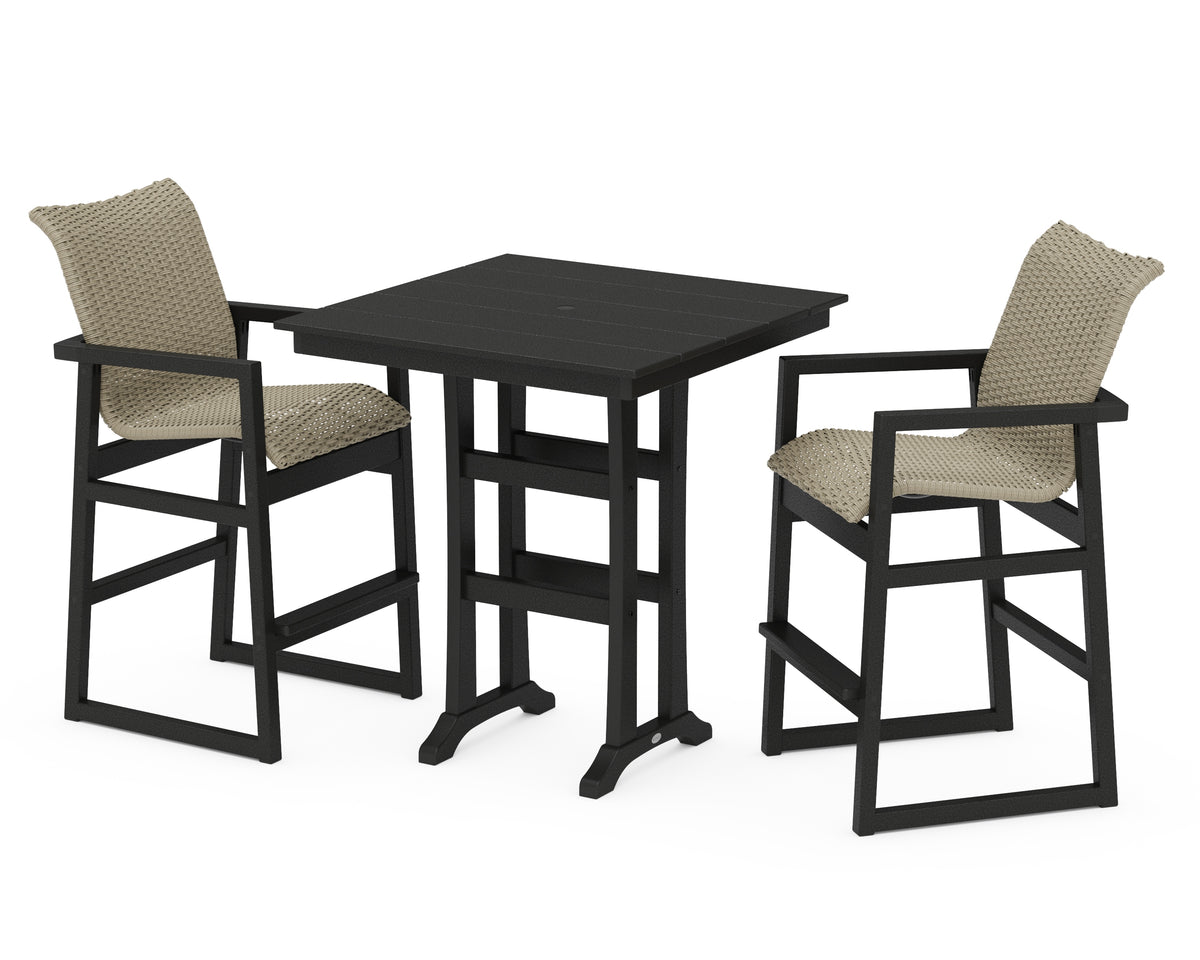 POLYWOOD EDGE Woven 3-Piece Farmhouse Bar Set with Trestle Legs in Black / Dune Grass