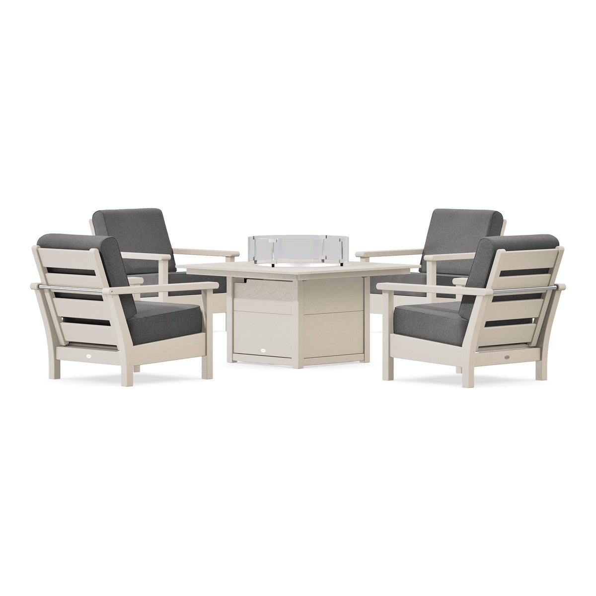 POLYWOOD Harbour 5-Piece Conversation Set with Fire Pit Table in Sand