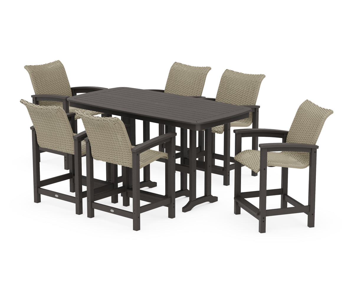 POLYWOOD Coastal Woven Arm Chair 7-Piece Counter Set in Vintage Coffee / Dune Grass