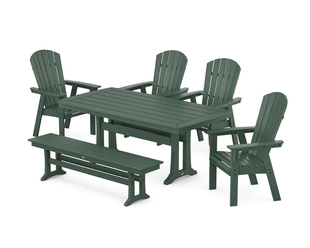 POLYWOOD Nautical Curveback Adirondack 6-Piece Dining Set with Trestle Legs and Bench in Green