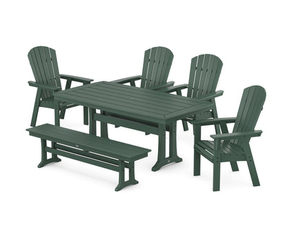 POLYWOOD Nautical Curveback Adirondack 6-Piece Dining Set with Trestle Legs and Bench in Green