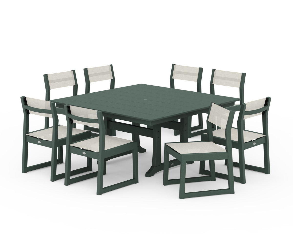 POLYWOOD EDGE Sling Side Chair 9-Piece Farmhouse Trestle Dining Set in Green / Parchment