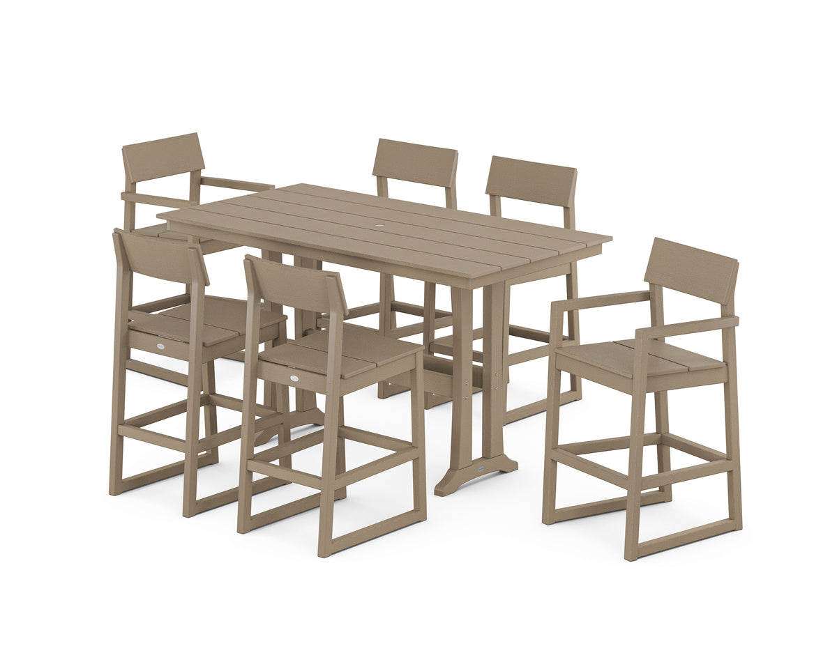POLYWOOD EDGE 7-Piece Farmhouse Bar Set with Trestle Legs in Vintage Sahara