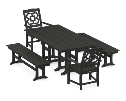 POLYWOOD Chinoiserie 5-Piece Farmhouse Dining Set with Benches in Black