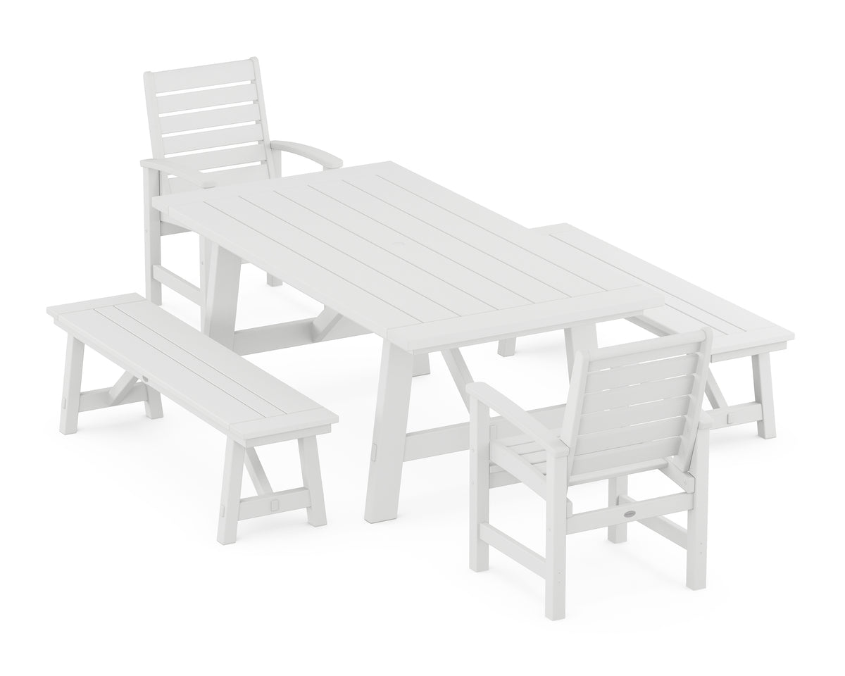 POLYWOOD Signature 5-Piece Rustic Farmhouse Dining Set with Benches in White