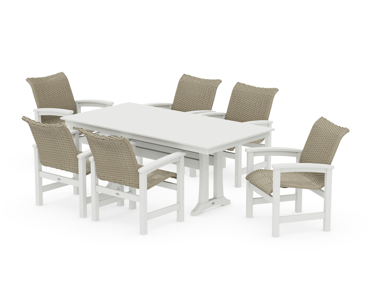 POLYWOOD Coastal Woven Arm Chair 7-Piece Farmhouse Dining Set with Trestle Legs in White / Dune Grass