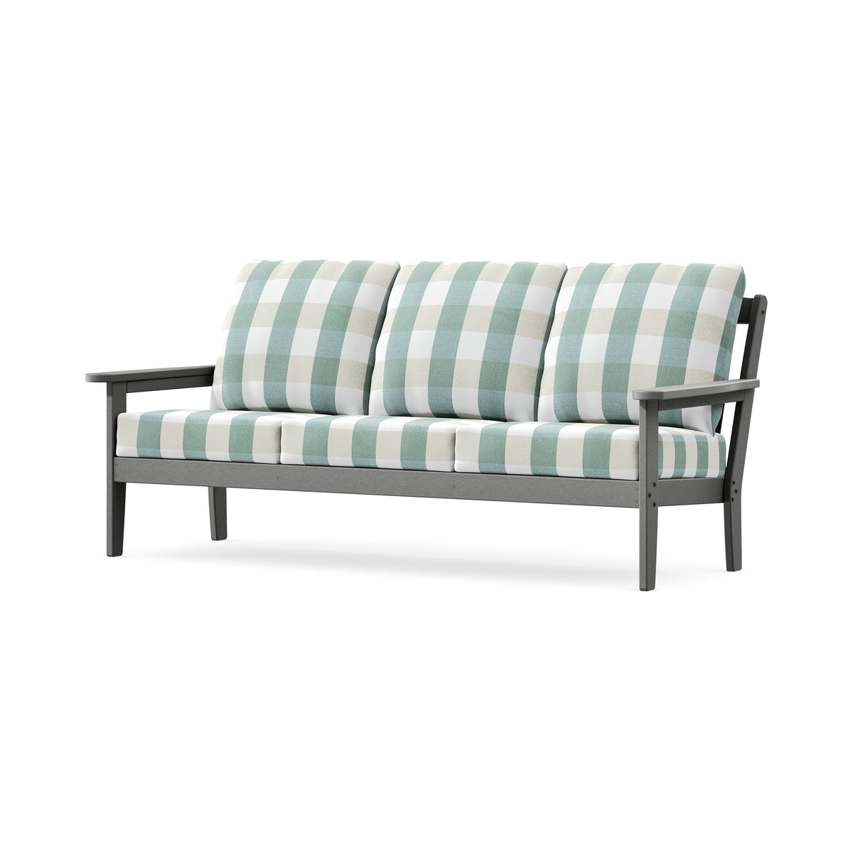 POLYWOOD Cottage Deep Seating Sofa in Slate Grey / Buffalo Plaid Glacier Spa