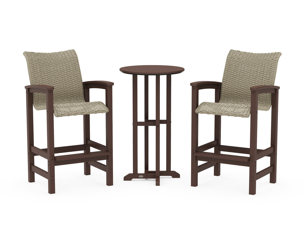 POLYWOOD Coastal Woven 3-Piece Farmhouse Bar Set in Mahogany / Dune Grass