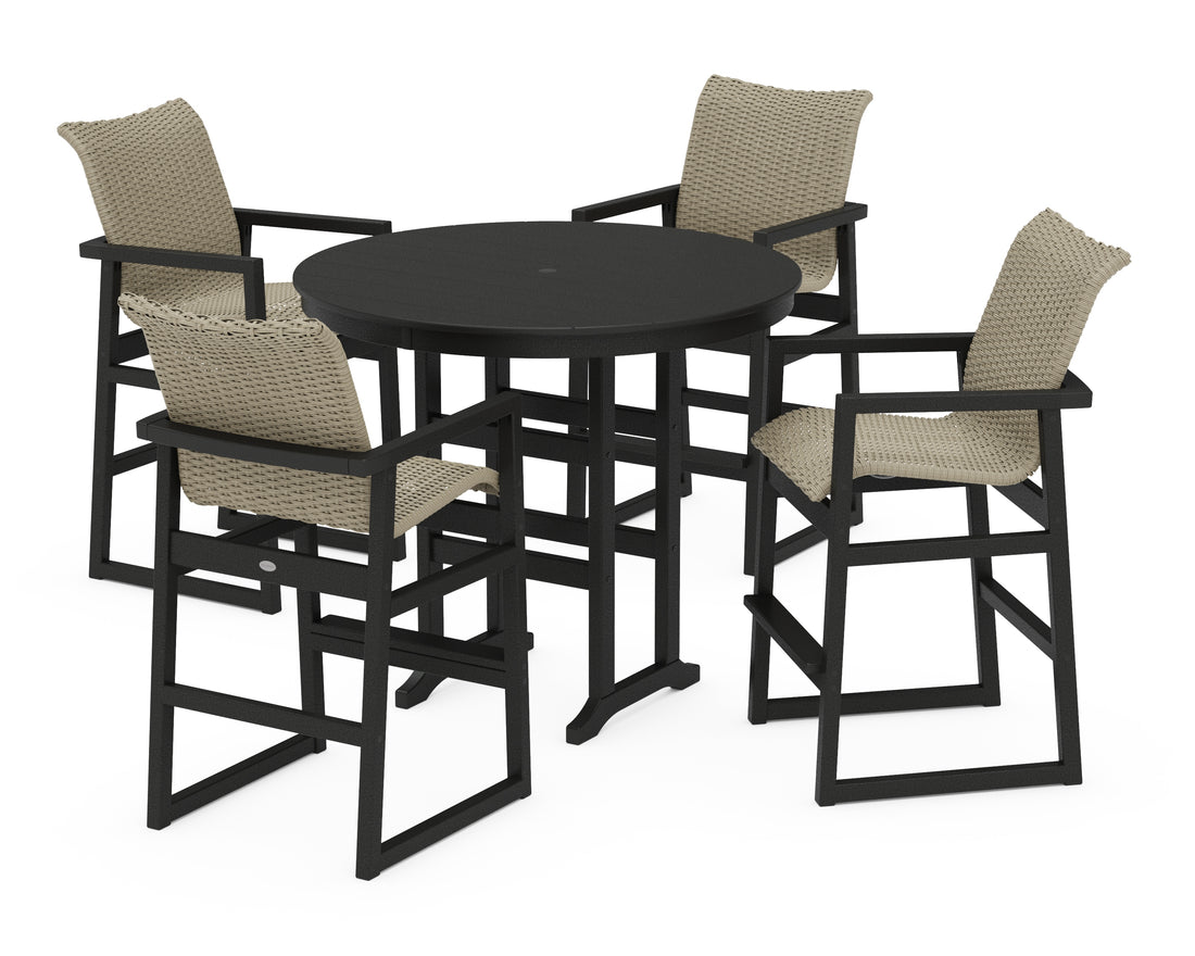 POLYWOOD EDGE Woven 5-Piece Round Farmhouse Bar Set in Black / Dune Grass
