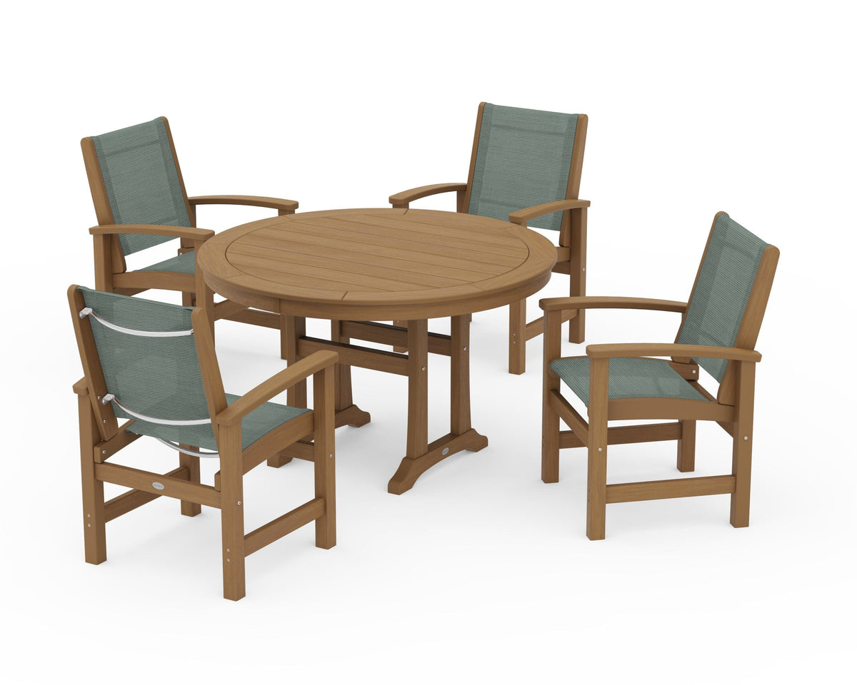 POLYWOOD Coastal 5-Piece Round Dining Set with Trestle Legs in Natural / Dupioni Sea Mist