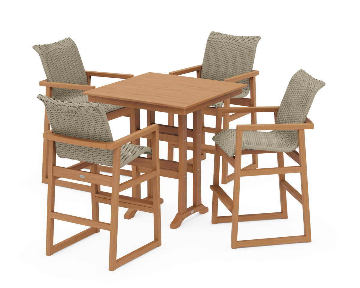 POLYWOOD EDGE Woven 5-Piece Farmhouse Bar Set with Trestle Legs in Natural / Dune Grass