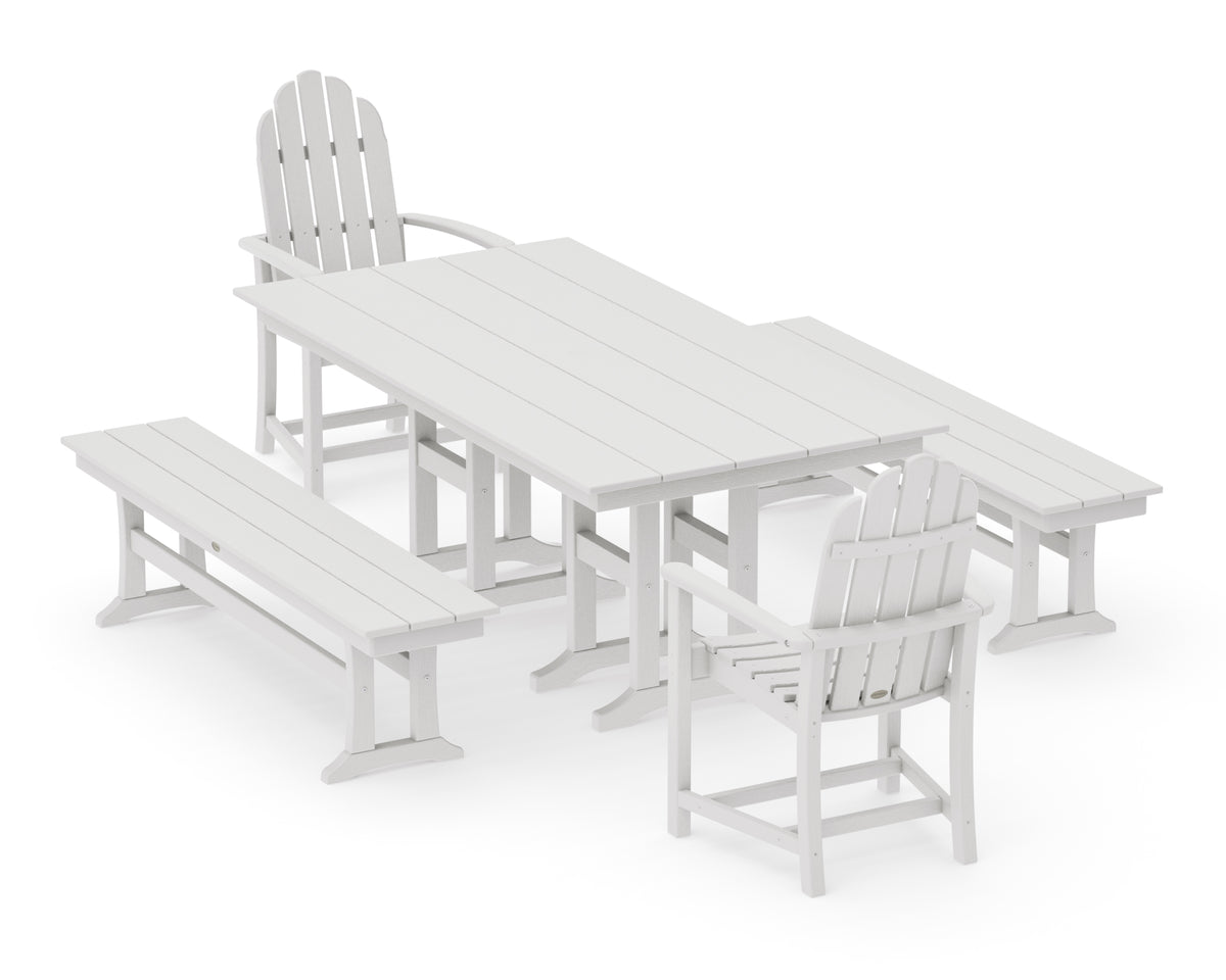 POLYWOOD Classic Adirondack 5-Piece Farmhouse Dining Set with Benches in Vintage White