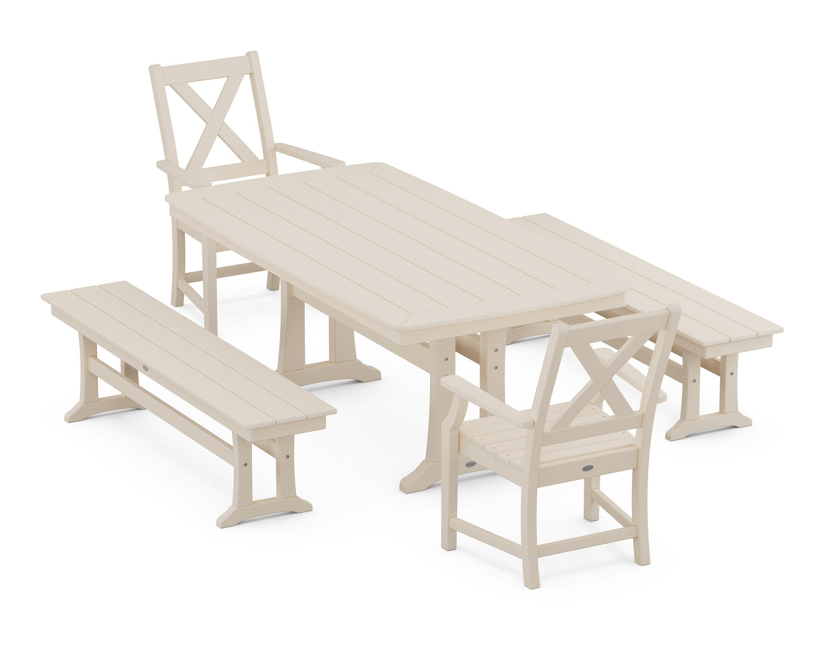 POLYWOOD Braxton 5-Piece Dining Set with Trestle Legs - 38" x 73" Table in Sand