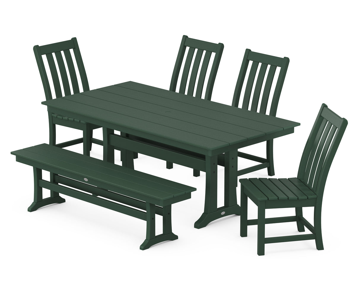 POLYWOOD Vineyard Side Chair 6-Piece Farmhouse Dining Set with Trestle Legs and Bench in Green