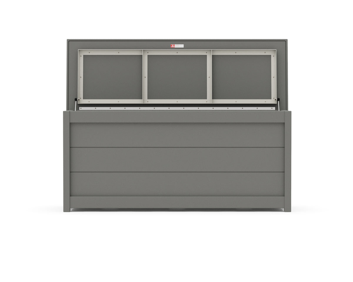 Angled view of the POLYWOOD 68" Storage Box Table in Slate Grey