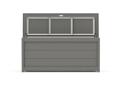 Angled view of the POLYWOOD 68" Storage Box Table in Slate Grey