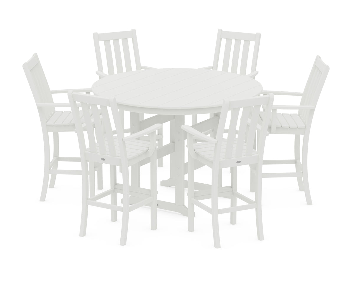 POLYWOOD Vineyard 7-Piece Arm Chair Round Farmhouse Bar Set in Vintage White